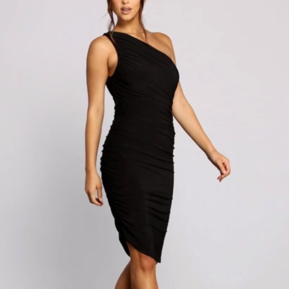 Black one shoulder midi dress
